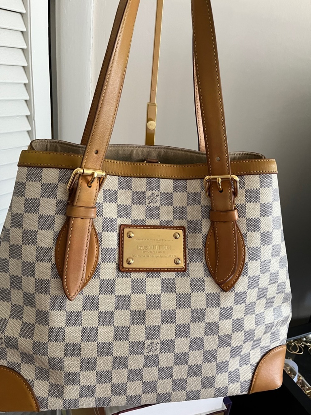 Damier Azur Hamptead MM leather Tote with Tan Leather Trims